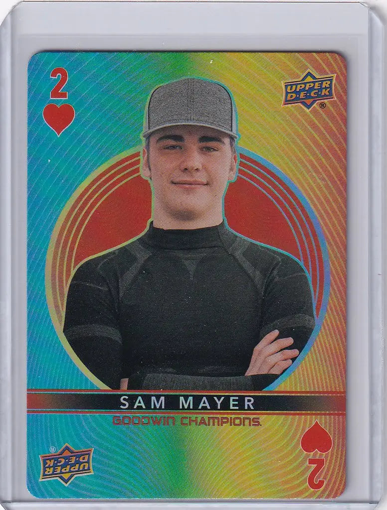 Baseball trading card of Sam Mayer in black shirt and gray cap, Upper Deck Goodwin design