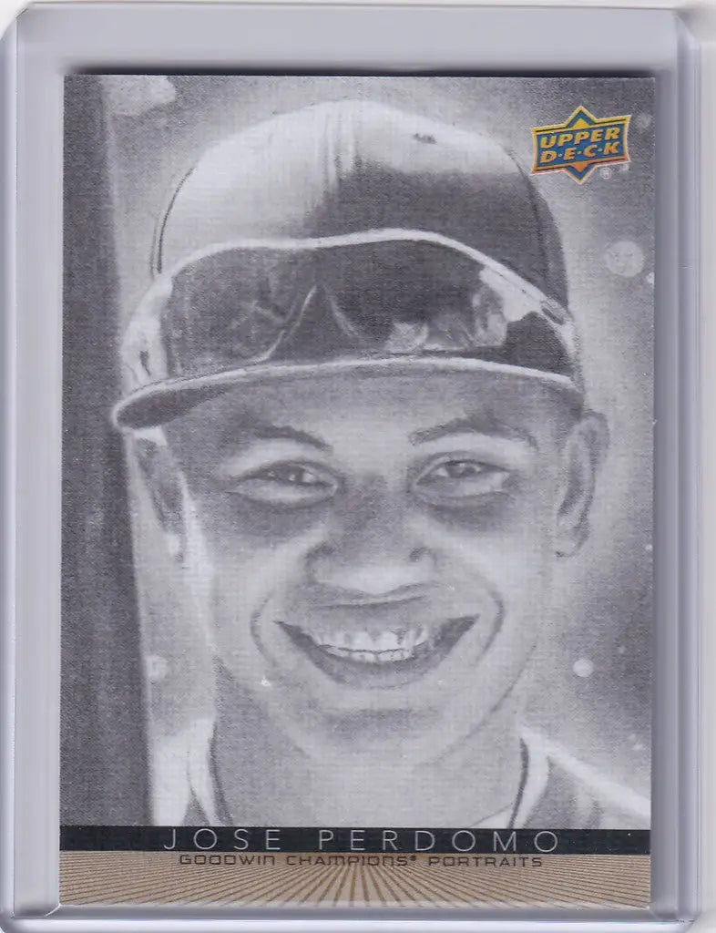 Black and white baseball card of Jose Perdomo from Upper Deck Goodwin Portraits