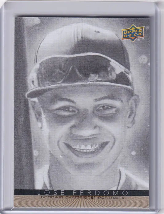Black and white baseball card of Jose Perdomo from Upper Deck Goodwin Portraits