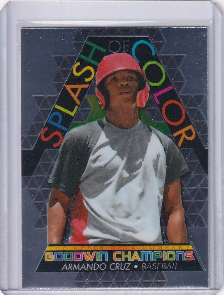 Baseball trading card of Armando Cruz in red helmet on Upper Deck Goodwin Splash background