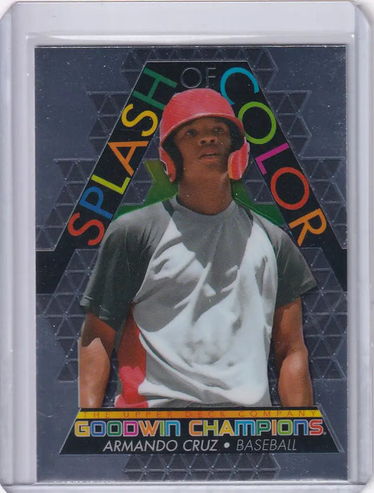 Baseball trading card of Armando Cruz in red helmet on Upper Deck Goodwin Splash background