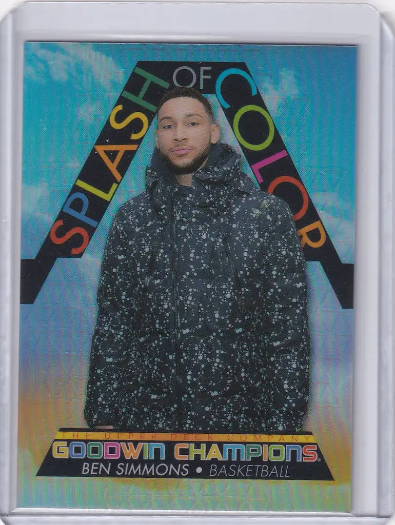 Trading card of Ben Simmons in sparkly black outfit, Upper Deck Goodwin Splash of Color Sky SCP10
