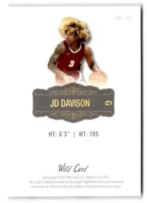 2022 Wild Card Matte #LBC-10 JD Davison Limited Base Cards White - Basketball Card Single