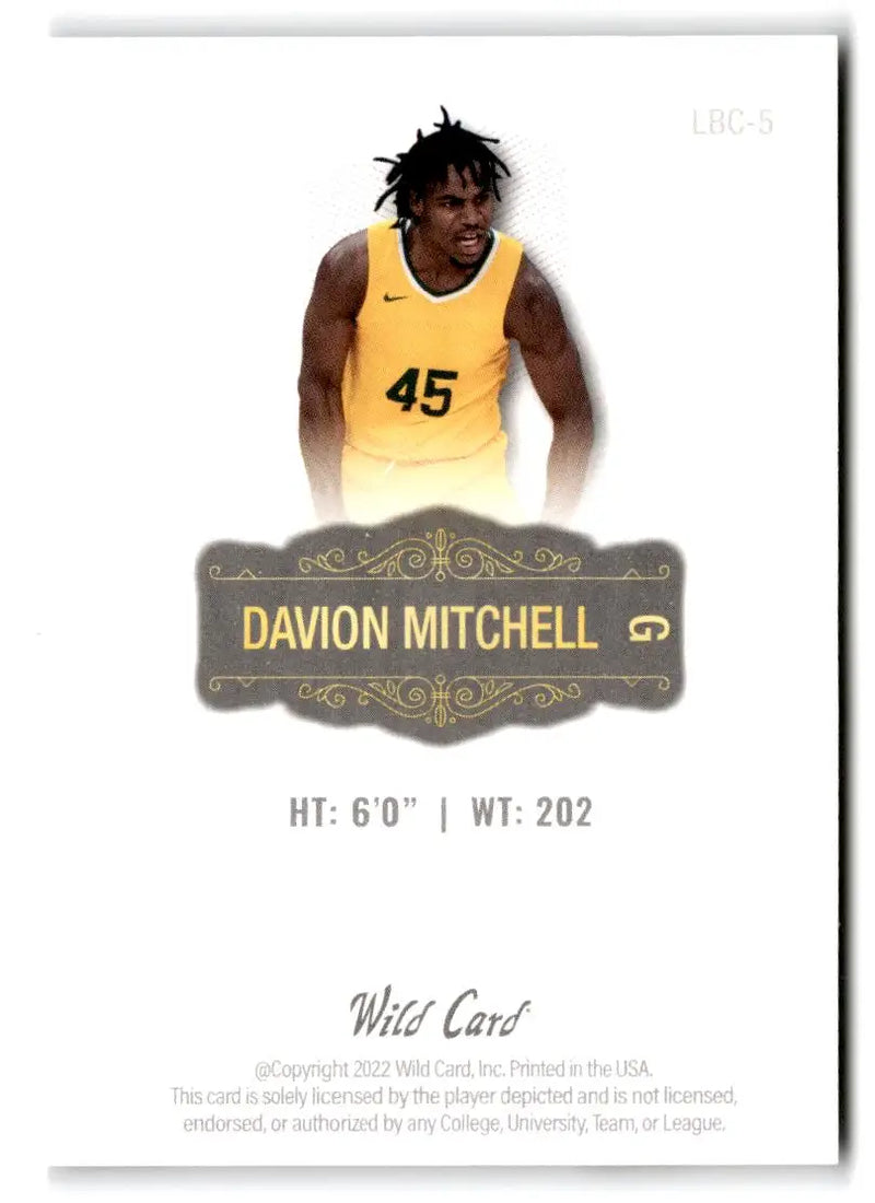 2022 Wild Card Matte #LBC-5 Davion Mitchell Limited Base Cards White - Basketball Card Single