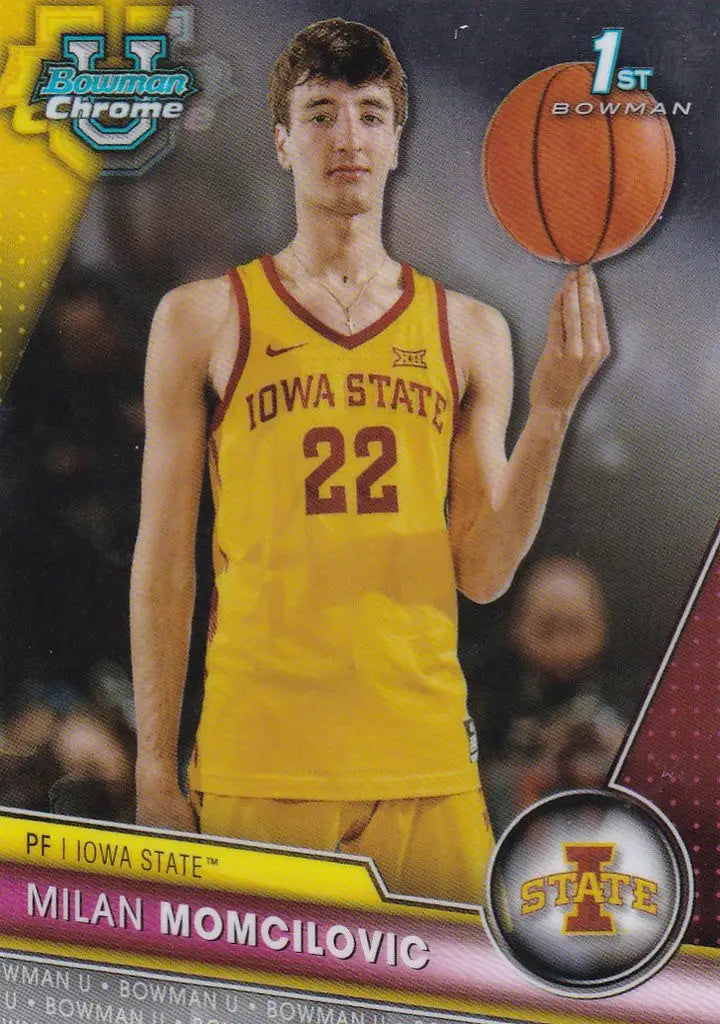 Basketball player in yellow Iowa State jersey 22, showcasing Milan Momcilovic Bowman 1st