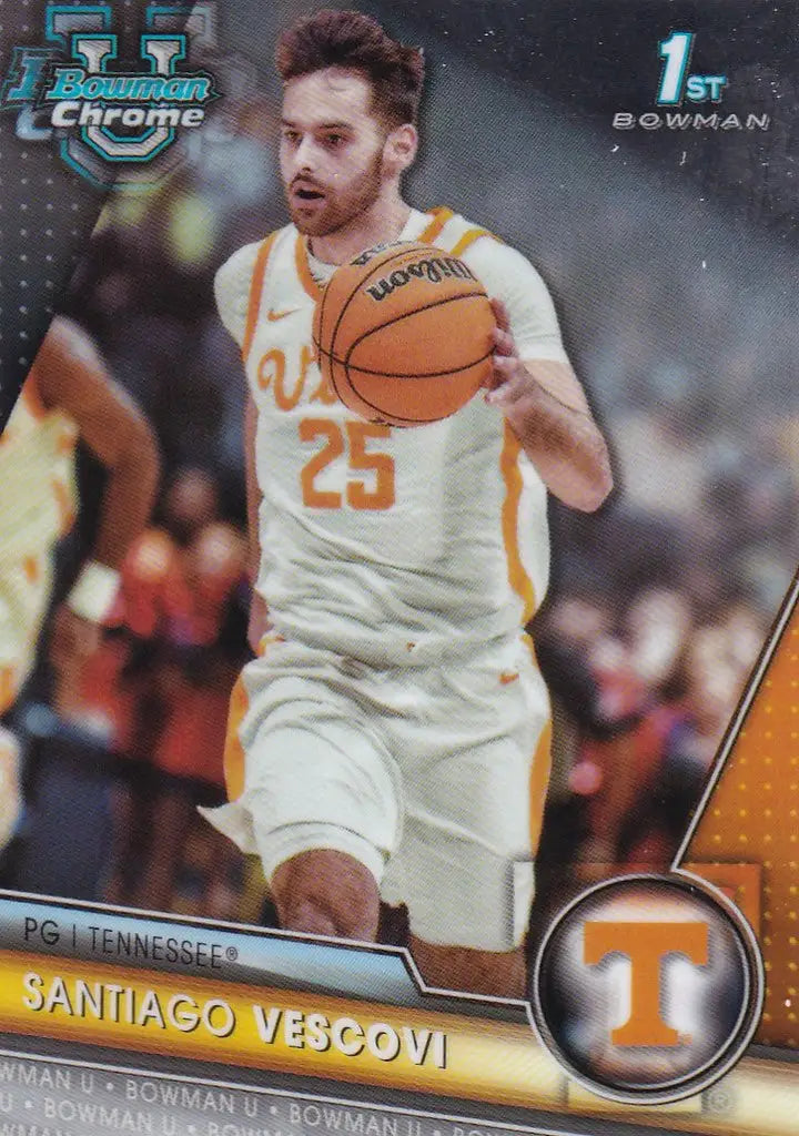 Basketball trading card of Santiago Vescovi in white jersey number 25 from Tennessee