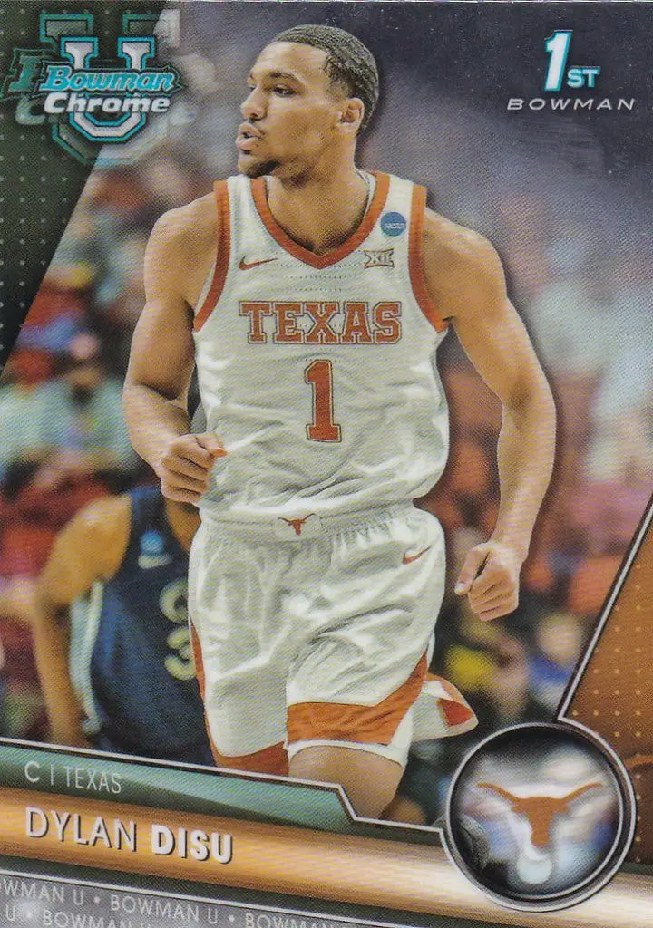 Basketball trading card of Dylan Disu Bowman in white Texas Longhorns jersey number 1