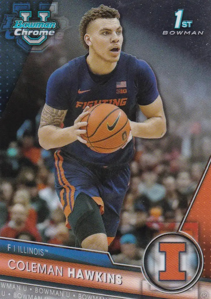 Basketball trading card of Coleman Hawkins Bowman dribbling in dark blue uniform