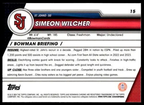 Original gloss Bowman University Chrome basketball card of Simeon Wilcher from 2023-24 collection