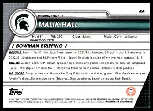 2023-24 Bowman University Chrome #55 Malik Hall NM-MT ID:68735 - Basketball Card Single