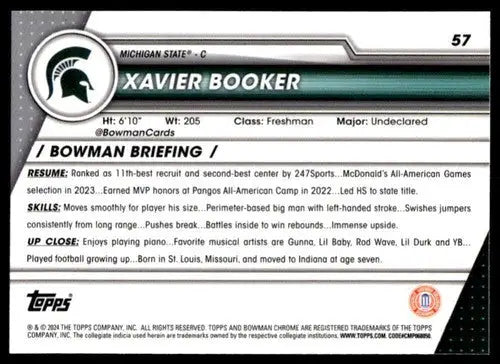 Xavier Booker basketball card back from 2023-24 Bowman University Chrome collection