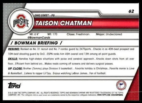 Basketball card back from Bowman University Chrome 2023-24 featuring Taison Chatman