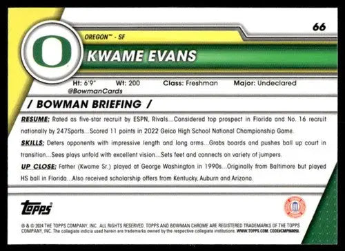 Kwame Evans basketball card from Bowman University Chrome 2023-24 series