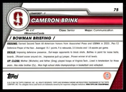 Cameron Brink basketball card from Bowman University Chrome 2023-24 collection