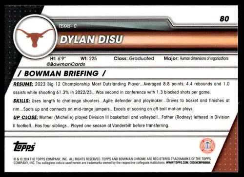 2023-24 Bowman University Chrome Dylan Disu basketball card displayed in Bowman University product