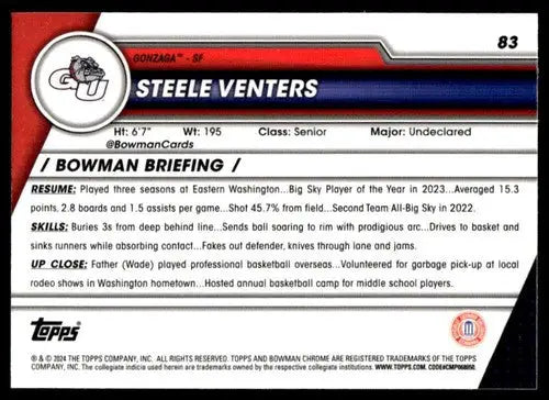 2023-24 Bowman University Chrome Steele Venters basketball card NM-MT displaying university chrome