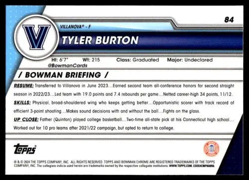 2023-24 Bowman University Chrome Tyler Burton basketball card with NM-MT grade