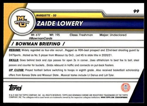 Basketball card back from 2023-24 Bowman University Chrome featuring Zaide Lowery