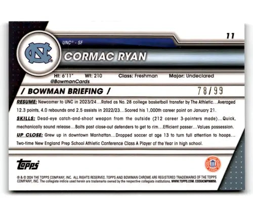 2023-24 Bowman University Chrome Refractor Green #11 Cormac Ryan NM-MT ID:67374 - Baseball Card Single