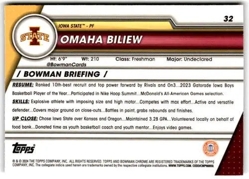 2023-24 Bowman University Chrome Refractor Pink #32 Omaha Biliew NM-MT ID:70114 - Basketball Card Single