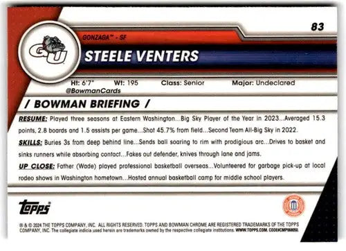 2023-24 Bowman University Chrome Refractor Pink #83 Steele Venters NM-M ID:70117 - Basketball Card Single