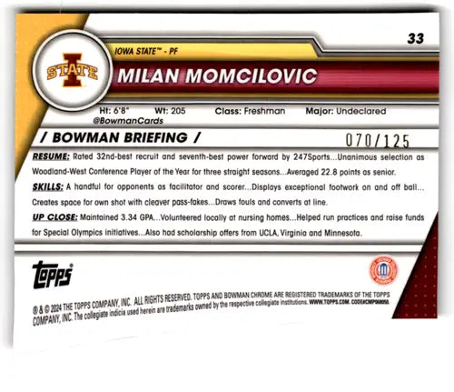 Milan Momcilovic basketball card 2023-24 Bowman University Chrome Refractor Pink Wave
