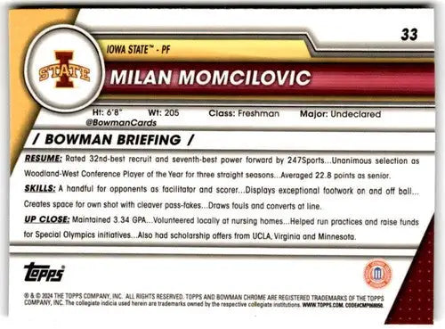 Basketball card back from 2023-24 Bowman University Chrome Refractor Pink Wave Milan Momcilov