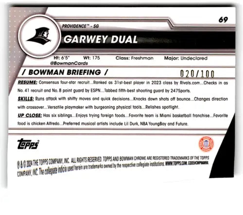 Basketball card back from 2023-24 Bowman University Chrome Refractor RayWay series