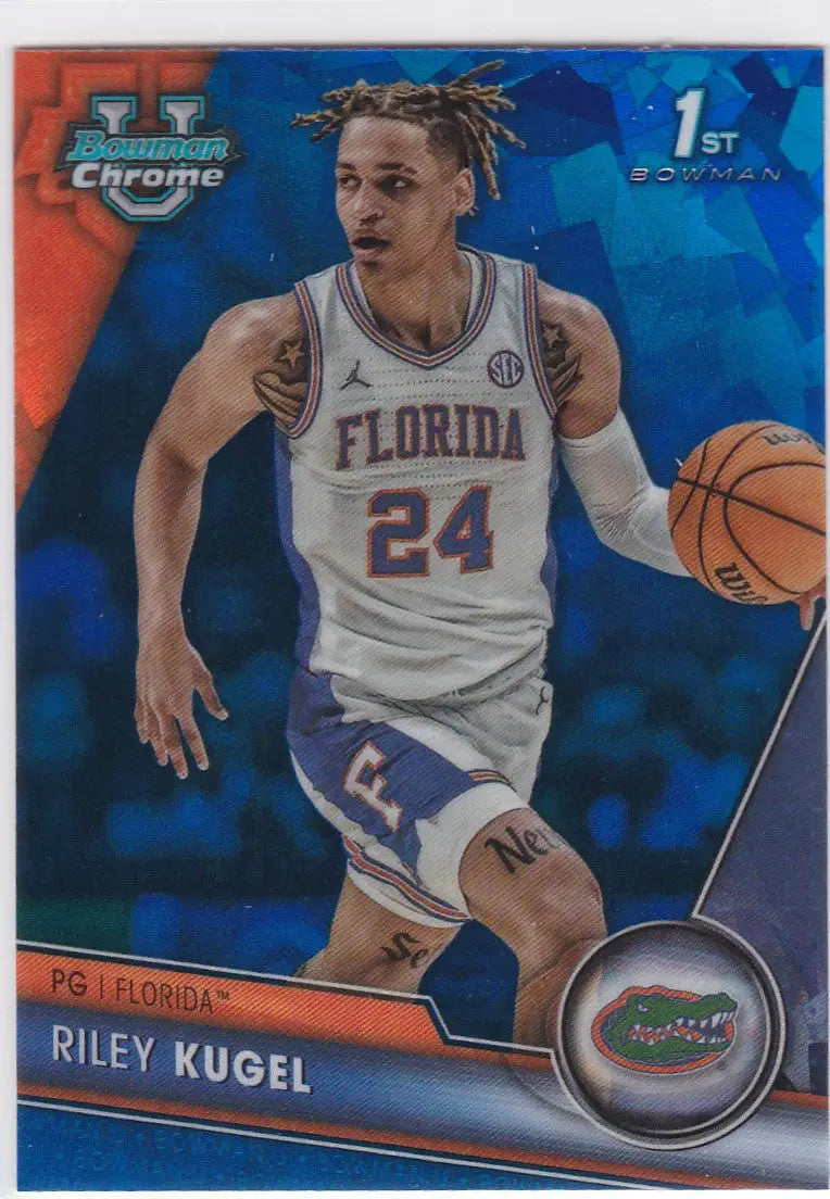 Basketball trading card of Riley Kugel 1st Bowman in Florida Gators jersey 24, Bowman University Sapphire