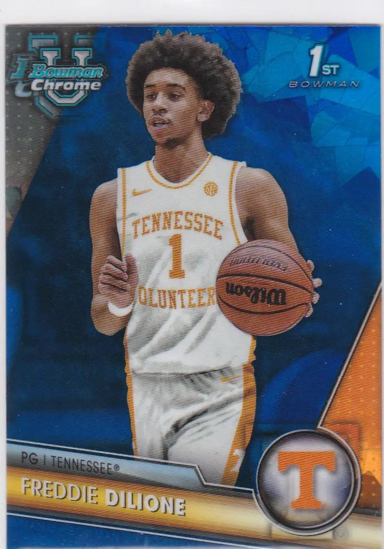 Basketball trading card of Freddie Dilione Texas from Bowman University Sapphire series