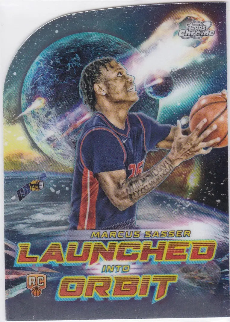 Marcus Sasser basketball card from 2023-24 Cosmic Chrome Launched into Orbit Die Cut