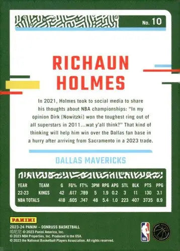 Original gloss Richaun Holmes basketball card 2023-24 Donruss NM-MT Mavericks
