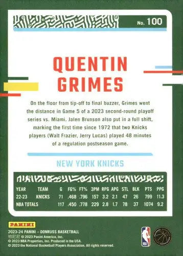 2023-24 Donruss #100 Quentin Grimes NM-MT Knicks ID:75356 - Basketball Card Single