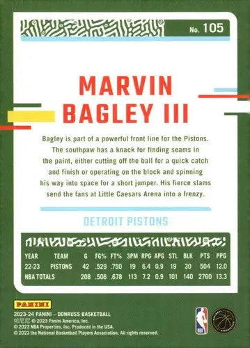 Basketball card back featuring Marvin Bagley III from 2023-24 Donruss series