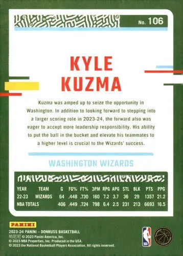 2023-24 Donruss Kyle Kuzma basketball card with original gloss, NM-MT Wizards ID 70617
