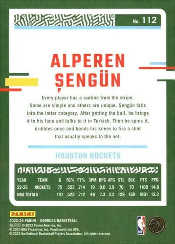 2023-24 Donruss #112 Alperen Sengun NM-MT Rockets ID:70620 - Basketball Card Single