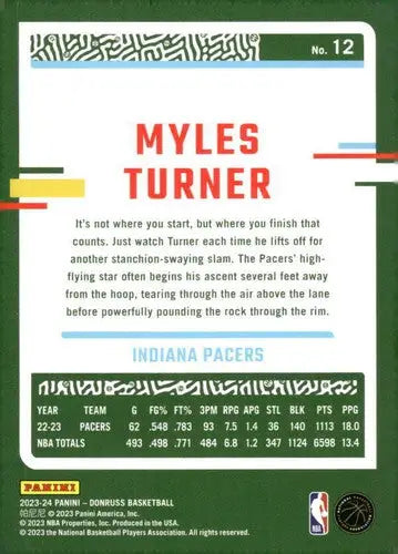 2023-24 Donruss #12 Myles Turner NM-MT Pacers ID:70237 - Basketball Card Single
