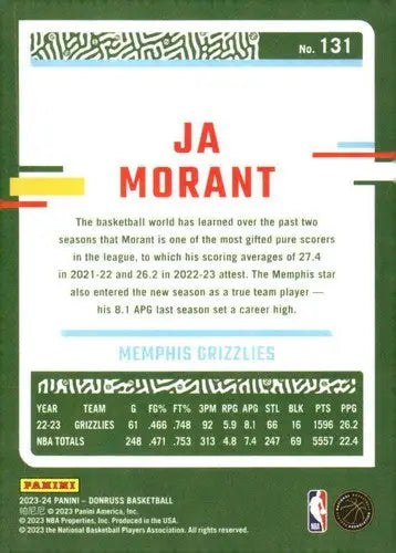 2023-24 Donruss #131 Ja Morant NM-MT Grizzlies ID:70270 - Basketball Card Single