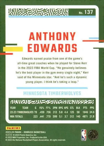 2023-24 Donruss #137 Anthony Edwards NM-MT Timberwolves ID:70634 - Basketball Card Single