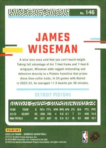 2023-24 Donruss #146 James Wiseman NM-MT Pistons ID:70636 - Basketball Card Single