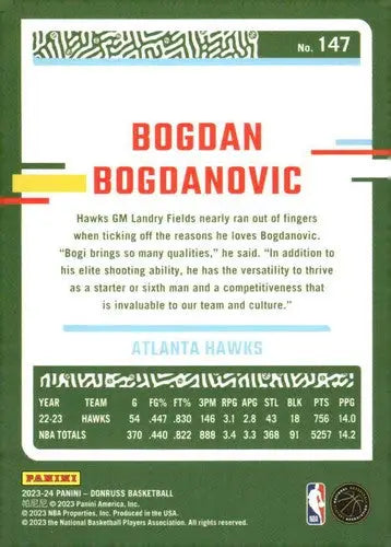 2023-24 Donruss #147 Bogdan Bogdanovic NM-MT Hawks ID:70274 - Basketball Card Single