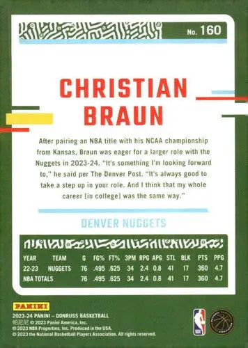 Basketball card back featuring Christian Braun NM-MT from 2023-24 Donruss original gloss