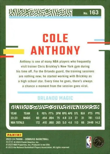 Cole Anthony basketball card with original gloss in NM-MT condition from 2023-24 Donruss