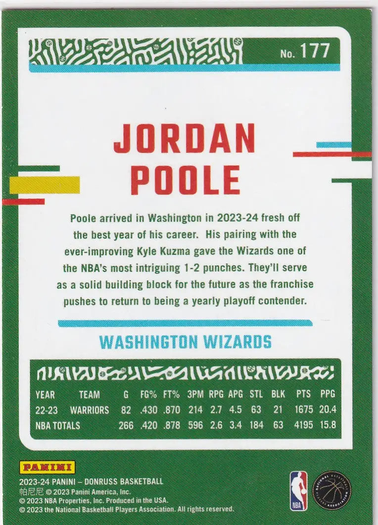 2023-24 DONRUSS #177 JORDAN POOLE RED HOLO- WASHINGTON WIZARDS