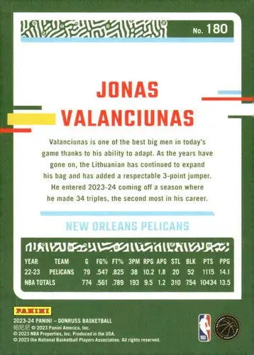 Jonas Valanciunas basketball card with original gloss 2023-24 Donruss NM-MT Pelicans