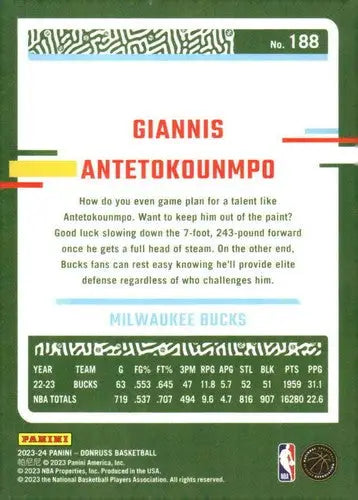 2023-24 Donruss #188 Giannis Antetokounmpo NM-MT Bucks ID:70281 - Basketball Card Single