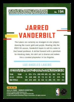 2023-24 Donruss #194 Jarred Vanderbilt Base Los Angeles Lakers - Basketball Card Single
