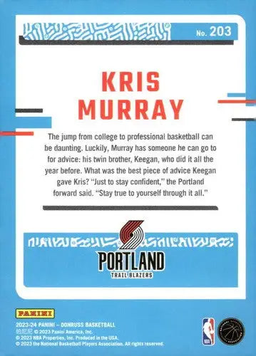 Basketball card back showcasing Kris Murray rated rookie from 2023-24 Donruss with original gloss