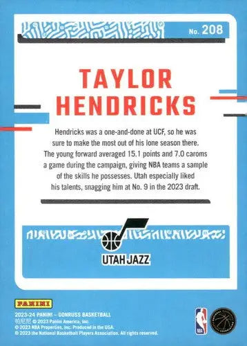 2023-24 Donruss #208 Taylor Hendricks NM-MT RC Rookie Jazz Rated Rookie ID:70285 - Basketball Card Single