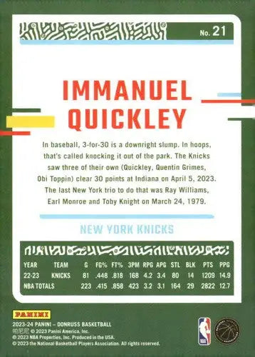 Original gloss Immanuel Quickley basketball card 2023-24 Donruss NM-MT Knicks